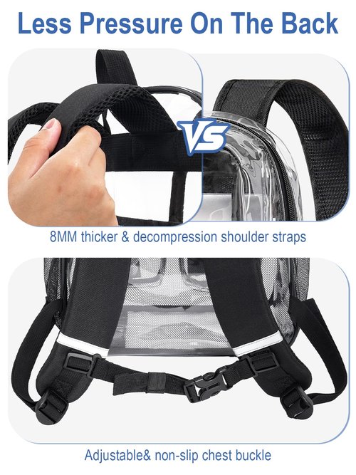 QOECI Heavy Duty Clear Backpack For School, 17 Inch Large Clear Bookbag For Kids Boys Girls Women Men, 360° 3M Reflective Strips See Through Backpack, Multi-Pockets Tranparent Bag, College Work, Black