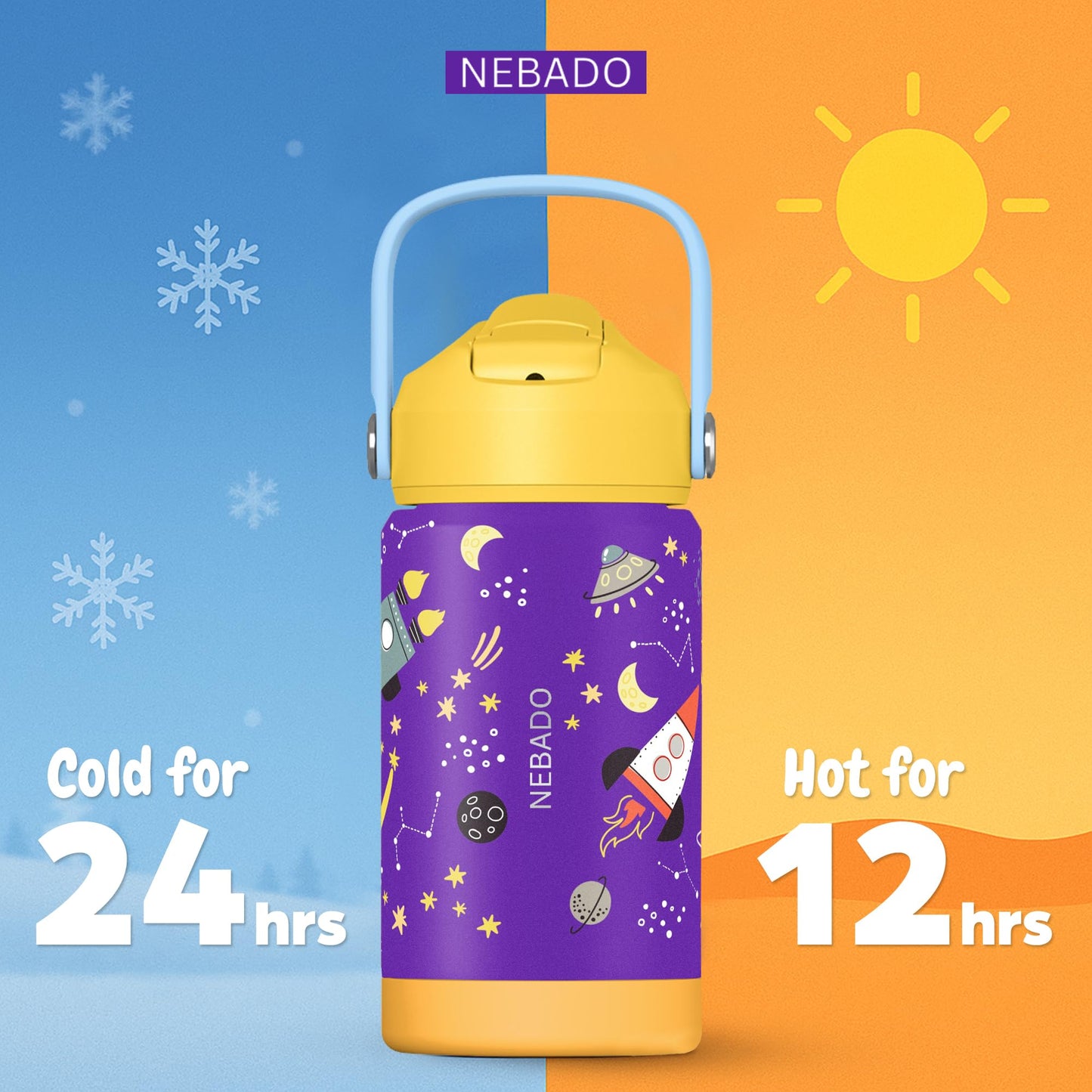 NEBADO Kids Stainless Steel Insulated Water Bottle with Straw 12oz - Leak Proof Toddler Thermos Cup for School, BPA Free with Handle & Non-Slip Silicone Base, Dishwasher Safe, Cosmic Purple