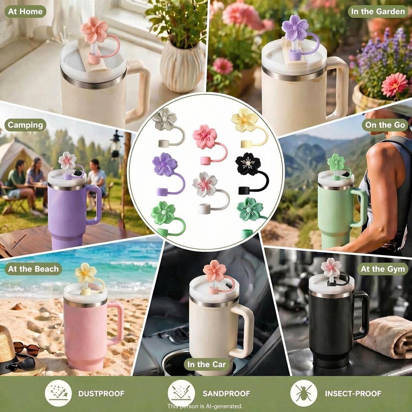 BTYHAOS Silicone Straw Caps for 10mm Tumblers | Reusable Dust-Proof Straw Toppers Compatible with Stanley 30oz & 40oz Tumblers (Purple Flower 3pc)