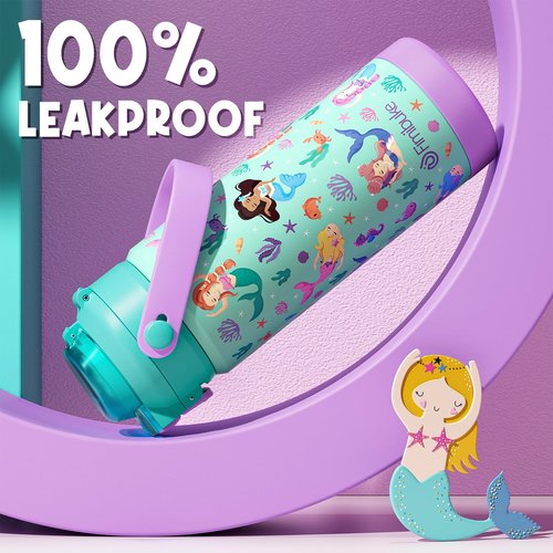 Fimibuke Kids Insulated Water Bottle with Pop-Open Straw & Spout 2-in-1 Lid, 18oz Leak Proof 18/8 Stainless Steel Vacuum Tumbler, BPA-Free Kids Cup For Travel School Boys Girls Toddler 1 Pack, Mermaid