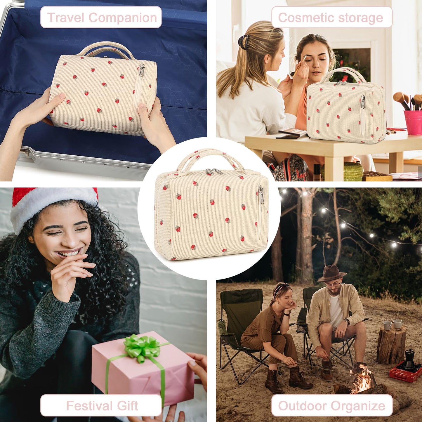 Bluboon Makeup Bag Zipper Pouch Travel Portable Cosmetic Bag Organizer for Women and Girls(Corduroy Pink Strawberry)