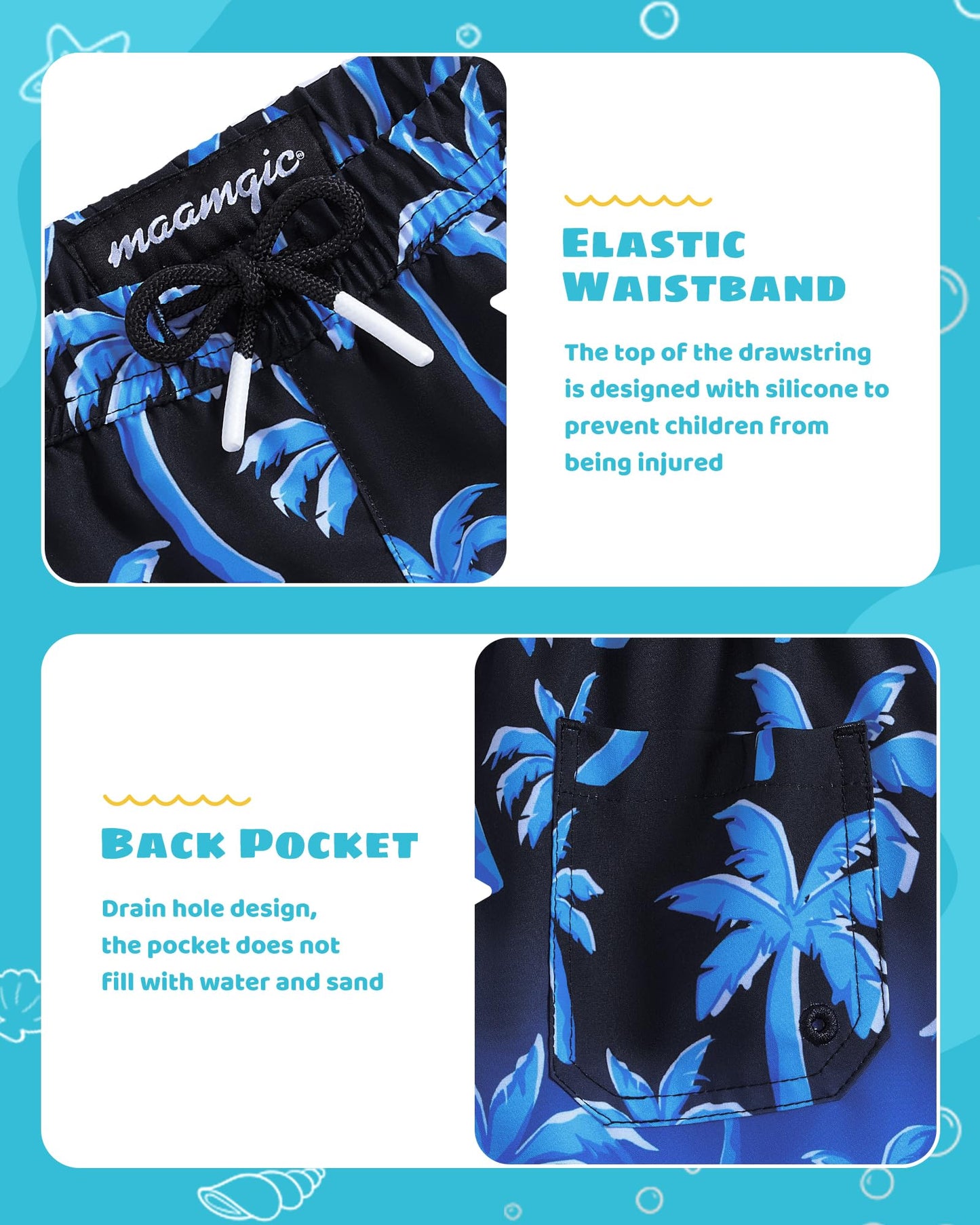 maamgic Boys Swim Trunks with Compression Liner Toddler Stretch Swim Shorts Quick Dry Swimming Trunks Boxer Brief 2 in 1 Beach Shorts Blue Coconut Tree 7