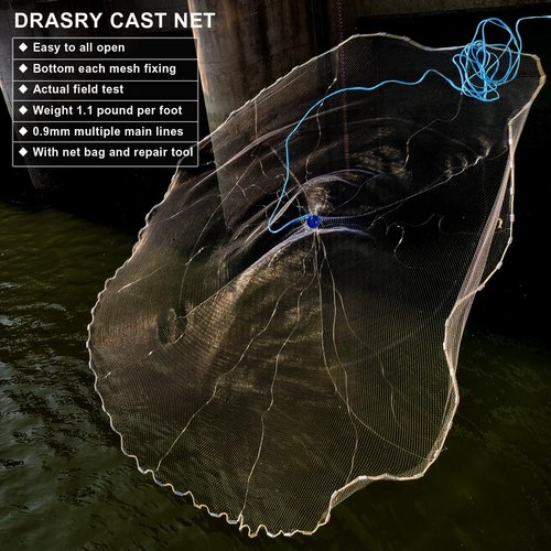 Drasry Saltwater American Fishing Cast Net 3/8inch Mesh Size for Bait Shrimp Trap Fish Heavy Duty Sinkers Throw Net 3FT to 12FT Radius 4FT Radius