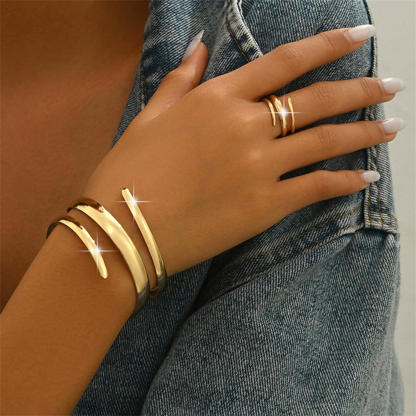 Annpro Chunky Cuff Bracelet with Ring Jewelry Set for Women Minimalist Wide Open Bracelet Simple Punk Snake Wrist Cuff Trendy Statement Jewelry (Style-C)