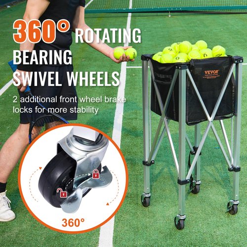 VEVOR Foldable Tennis Ball Hopper, Holds 150 Tennis Balls, Lightweight Aluminum Alloy Tennis Ball Basket Cart with Wheels, Removable Bag,Carry Bag, Portable Sports Teaching Cart for Tennis Player