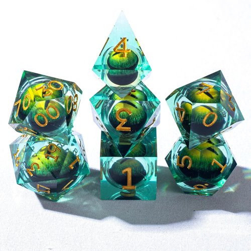 Premium Resin DND Dice Set - Liquid Core and Dragon Eyes - 7 Piece Sharp Edge RPG Game Accessories Including D4 D6 D8 D10 D% D12 D20 in Black Metal Box for Dungeon Masters and Starters