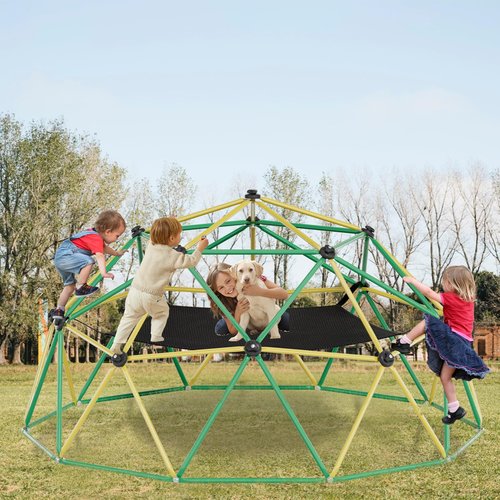 Climbing Dome,10FT Dome Climber with Hammock, Outdoor Play Equipment for 3 to 10 Children, Supports Jungle Gym up to 1,000 lbs, Rust Resistant, Easy to Assemble, Gift for Kids, Green+Yellow