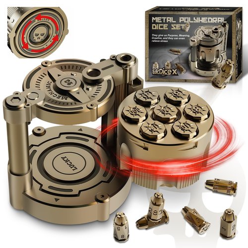 YNWML Metal Dice Set, 7 Piece Polyhedral Bullet Dice with Spinning Revolver Cylinder Case, Fidget Toy for Stress Relief, Cyberpunk Style Tabletop RPG Dice, Golden