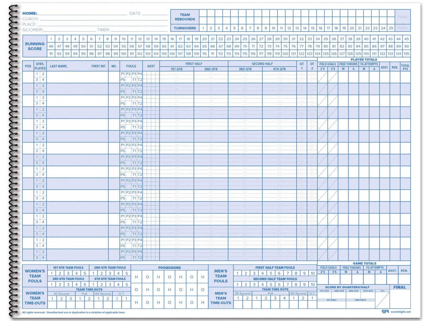 Score It Right Basketball Scorebook – 16-Player Men’s and Women’s Basketball Score Keeping Book – Basketball Game Score Book for Individual and Team Stats – 9.25 x 12-inch Hardcover Book