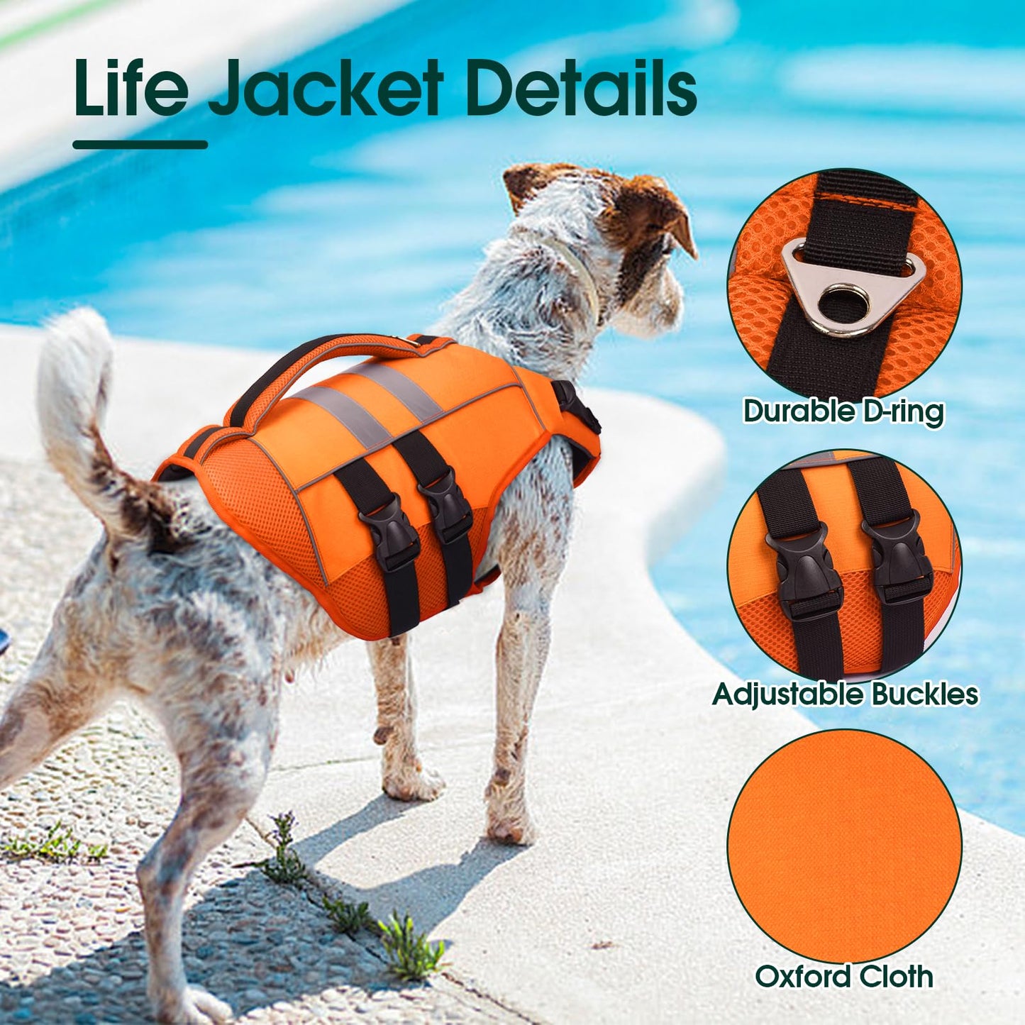 Kuoser Dog Life Jacket Large, High Flotation Puppy Safety Vest for Swimming Boating, Reflective Water Vest Pet Life Preserver with Rescue Handle, Orange L