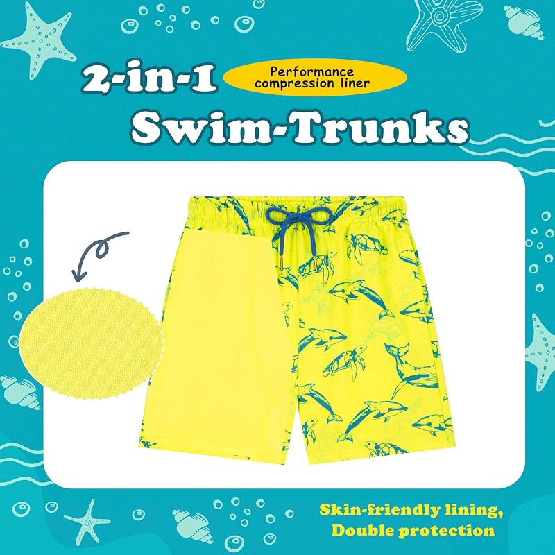 Neon Yellow Shark Toddler Boys Swim Trunks with Compression Liner - 10-12 Years