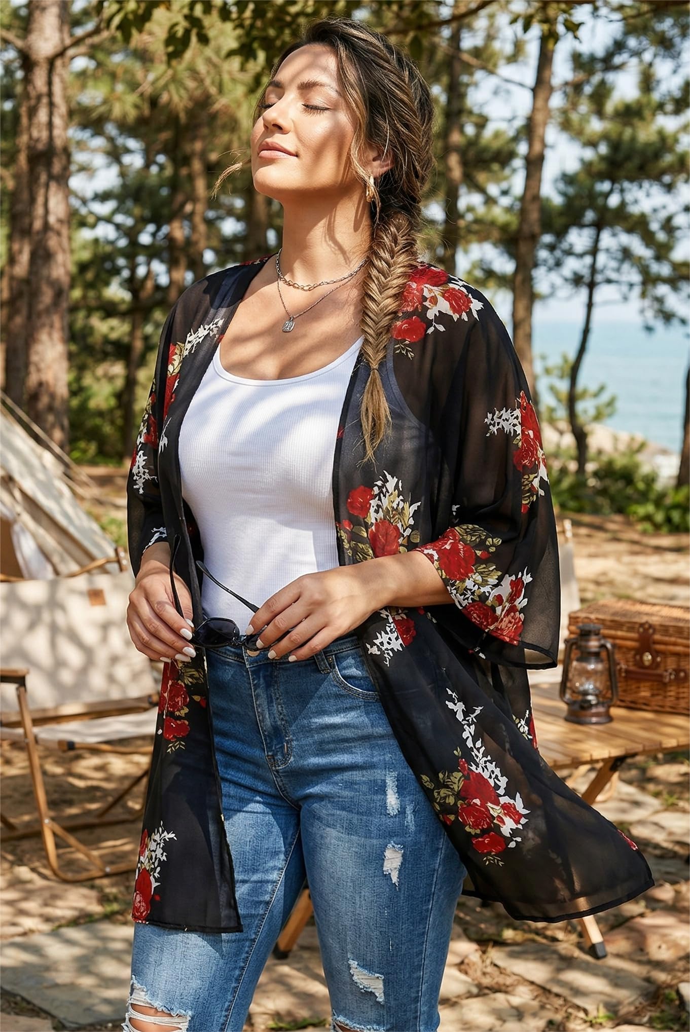 Women's Kimono Floral Cardigan Print Puff Cover Up Casual Blouse Summer Tops (Colorful Gilt, M)