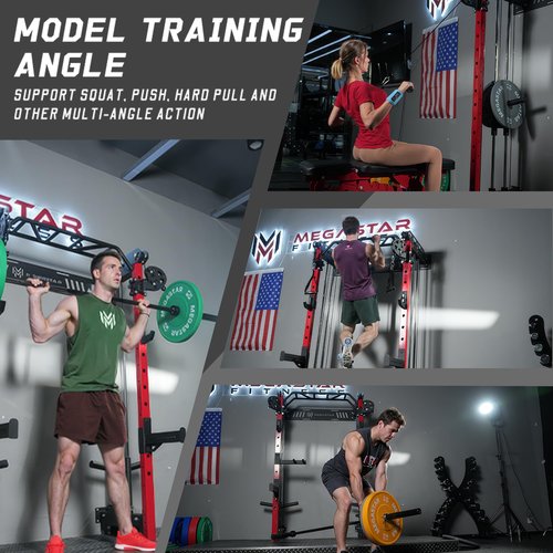 MEGASTAR Wall Mounted Power Rack Home Gym Package – 1600LB Capacity Compact Commercial Home Gym with Dual Cable Crossover, LAT Pulldown & Multi-Grip Pull-Up Bar for Small Spaces, P67 Striker Red
