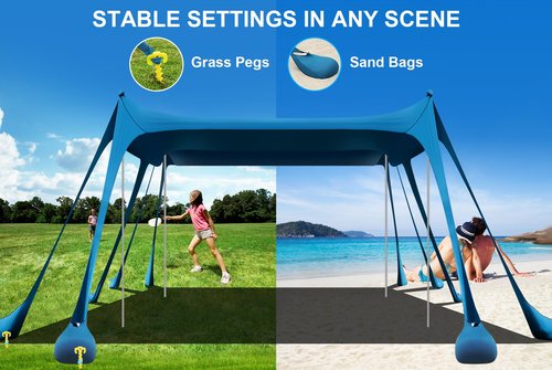 Beach Tent Sun Shelter, Camping Sun Shelter 10 x 13FT with 10 Sandbags, Sand Shovel, Ground Pegs, Stability Poles, Beach Canopy Tent Sun Shade UPF50+ Protection for Camping, Fishing, Backyard