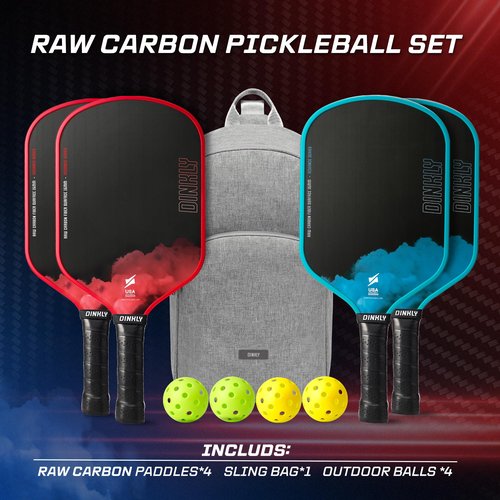 Dinkly Raw Carbon Pickleball Paddles Set of 4, T700 Carbon Fiber Rackets with 16MM Honeycomb Polymer Core, 4 Balls and 1 Portable Carry Bag, USAPA Approved Pickleball Set for Men, Women, Red & Blue