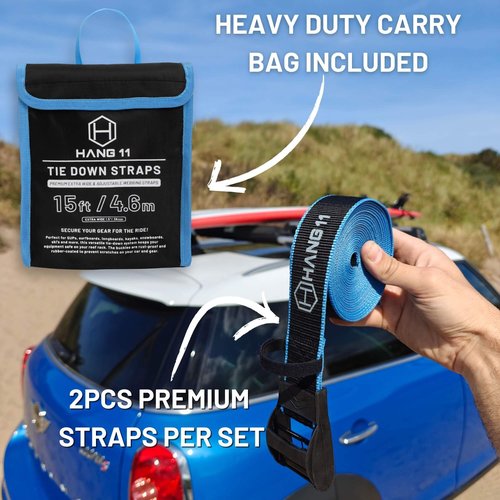 Hang 11 Surfboard Tie Down Straps for Roof Rack, Extra Long (15ft) & Wide (1.5"), No-Scratch Silicone Buckles, Surfboard Straps for Roof Rack, Ideal to Secure a Paddle Board Kayak Canoe SUP on a Car