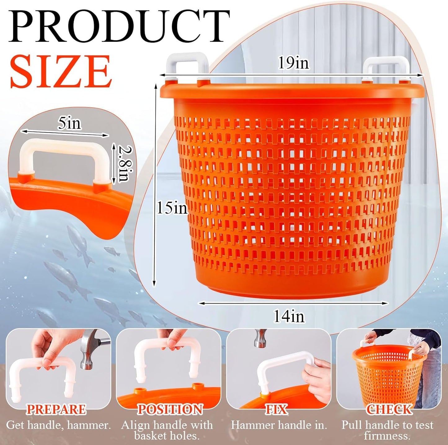 2 Pcs Heavy Duty Fish Basket 100 lbs Orange Seafood Basket for Crawfish Fishing Laundry Storing Fruits and Vegetables Multiple Usage