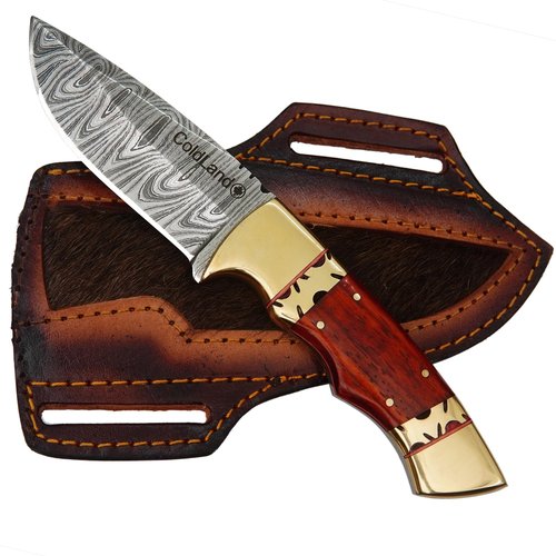 ColdLand Damascus Hunting Knife - 8.75 Inch Fixed Blade Knife with African Red Padauk Wood & Brass Bolster Handle - Full Tang Hunting Knives with Sheath for Picnic, EDC & Camping - NAK31