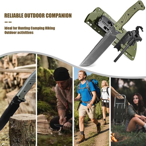 Camping Machete w Kydex Sheath for Cutting Trees Heavy Duty, DC53 Survival Machetes w Firestarter,Full Tang Nylon Fiberglass Handle,Bushcraft Knife for Yard Work, Hunting, Hiking