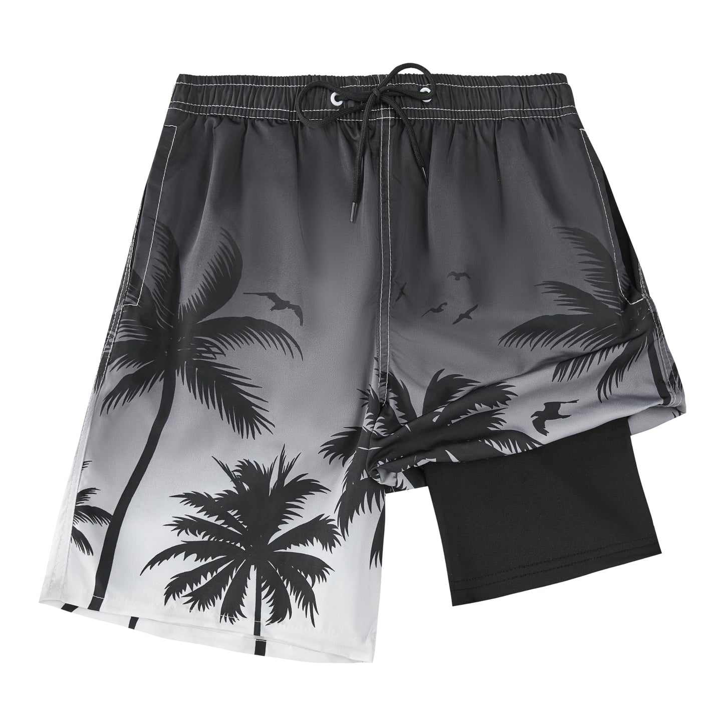 Boys Swim Trunks with Compression Liner Anti-Chafe, Boys Bathing Suit with Boxer Brief Liner, Black Palm Tree Boy Swim Shorts Swimwear, Quick Dry UPF 50+ 4 Way Stretch Boy's Board Shorts, XL