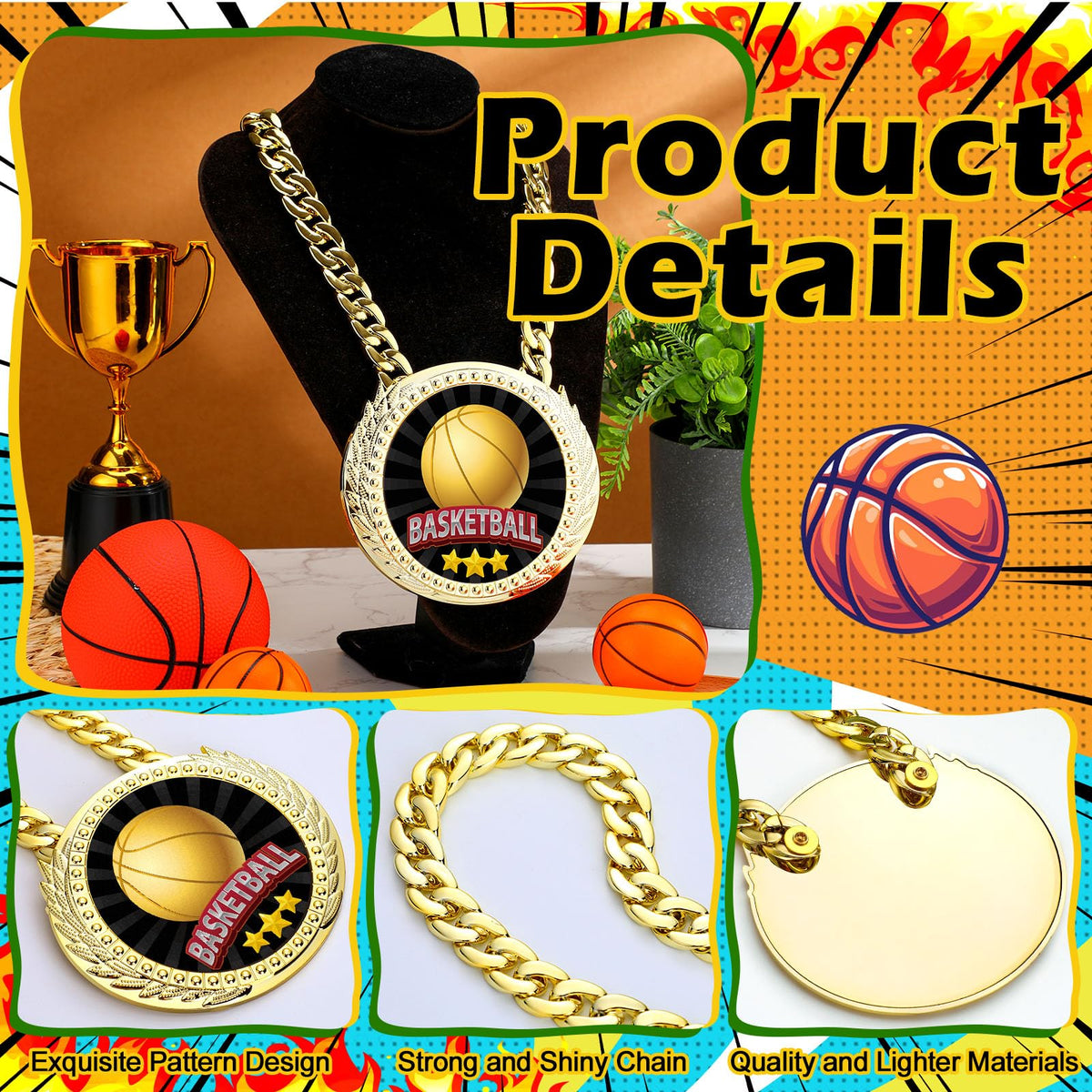 Tondiamo Sports MVP Turnover Chain Medal 6" Big Gold Champ Award Necklace Chain Baseball Basketball Football Soccer Softball Volleyball Sports Competitions Prize Gifts and Party Favors(Basketball)