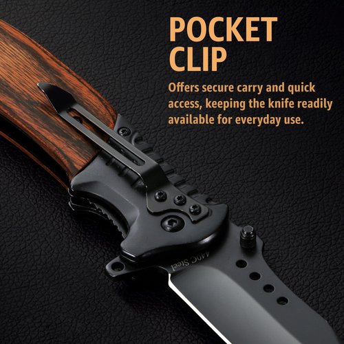 Pocket Knife for Men with Wood Handle & Glass Breaker & Pocket Clip - 3.66" Sharp Blade - Tactical Self Defense Folding Knives for Men Women Hunting Camping Military Survival Hiking Work EDC 0207
