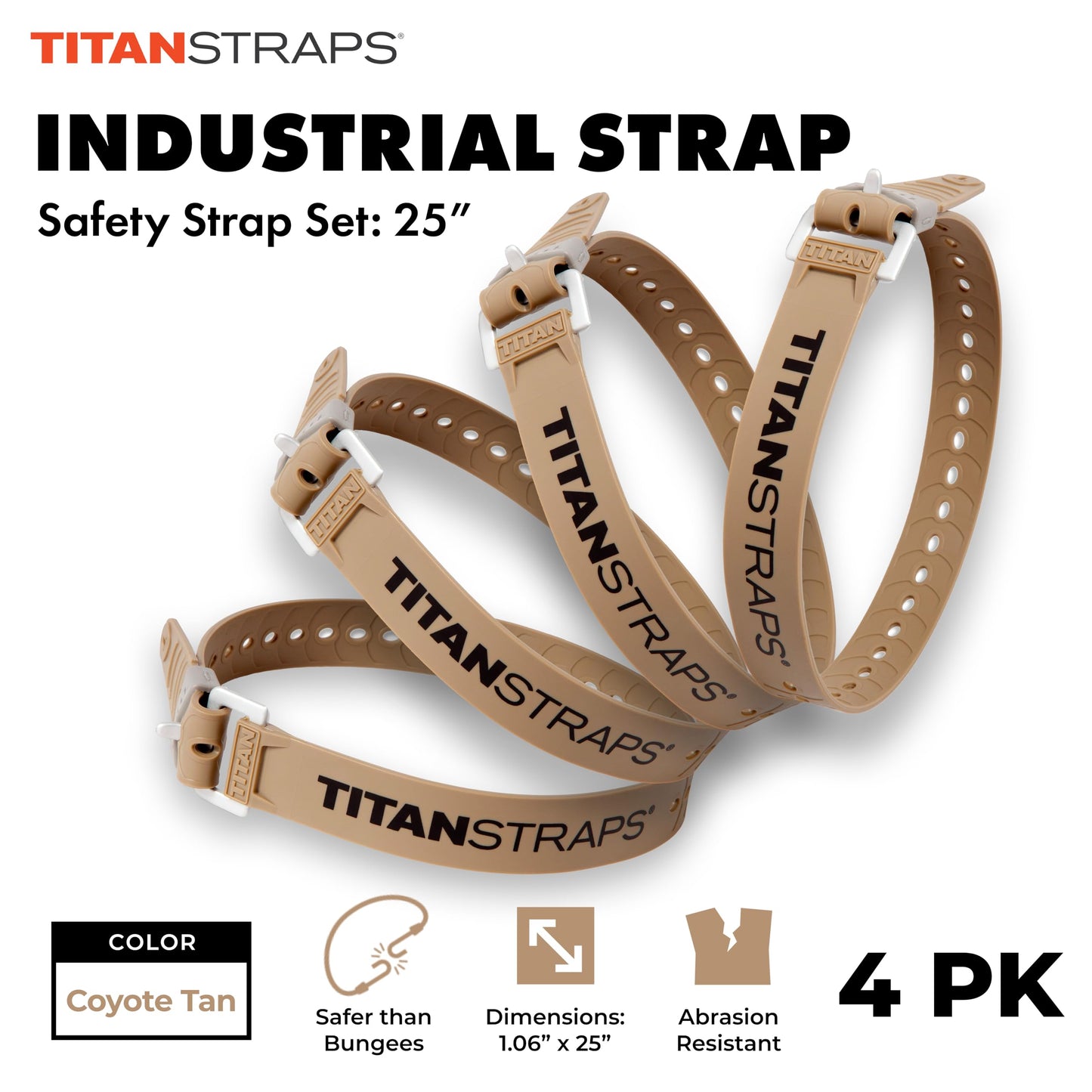 Titan Industrial Straps – Strong & Simple Tie-Downs for Construction (Welders, DIY Home) & 1st Responders – 3 Year Warranty, Batch Tested – 70 lb. Working Load, 25" Length, Black, 4-Pack
