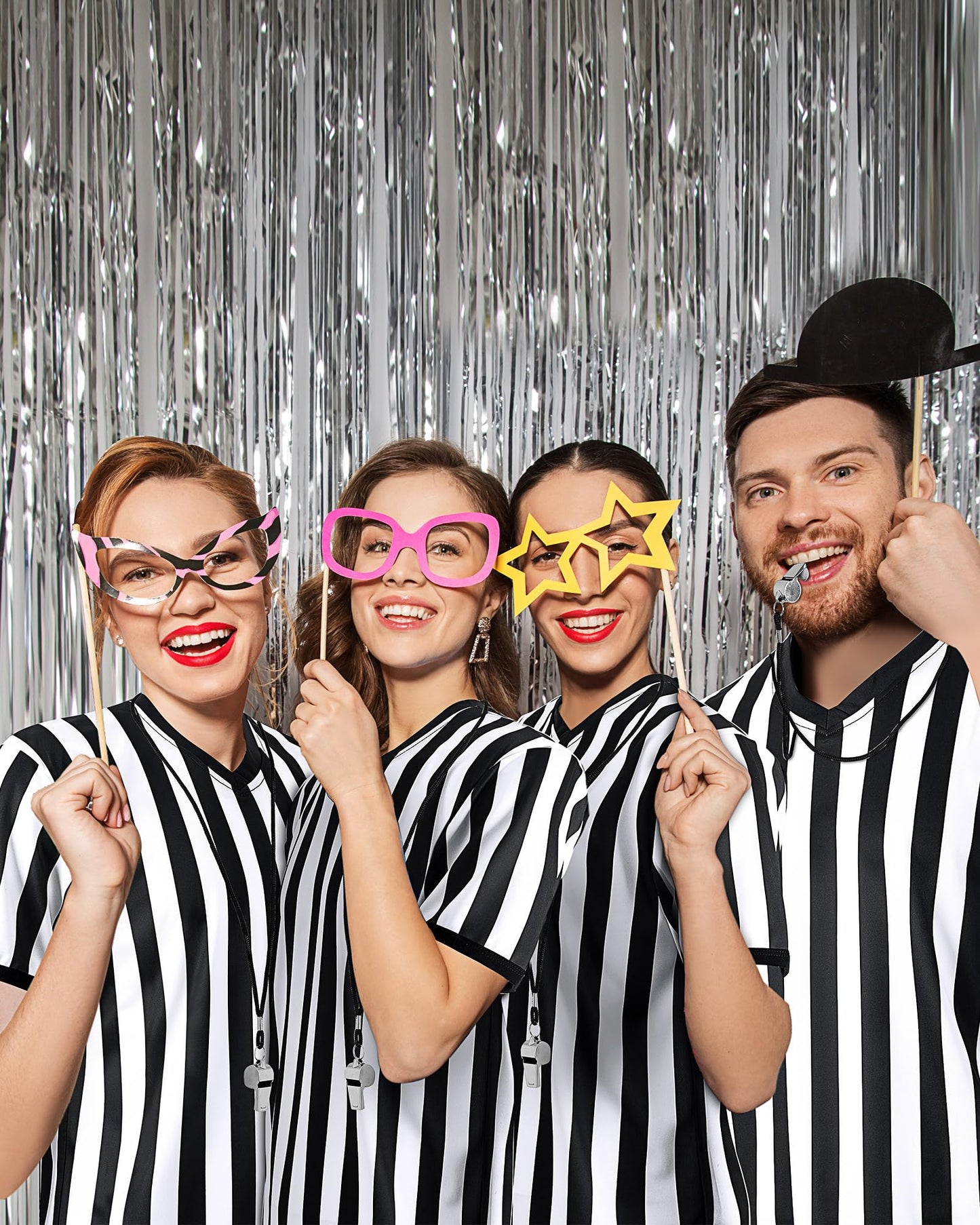 Sintege 4 Sets White and Black Soccer Referee Stripe Shirt with Whistle Official Referee Costume Shirt Football Umpire Jersey Halloween Costume for Adult(Adults Medium)