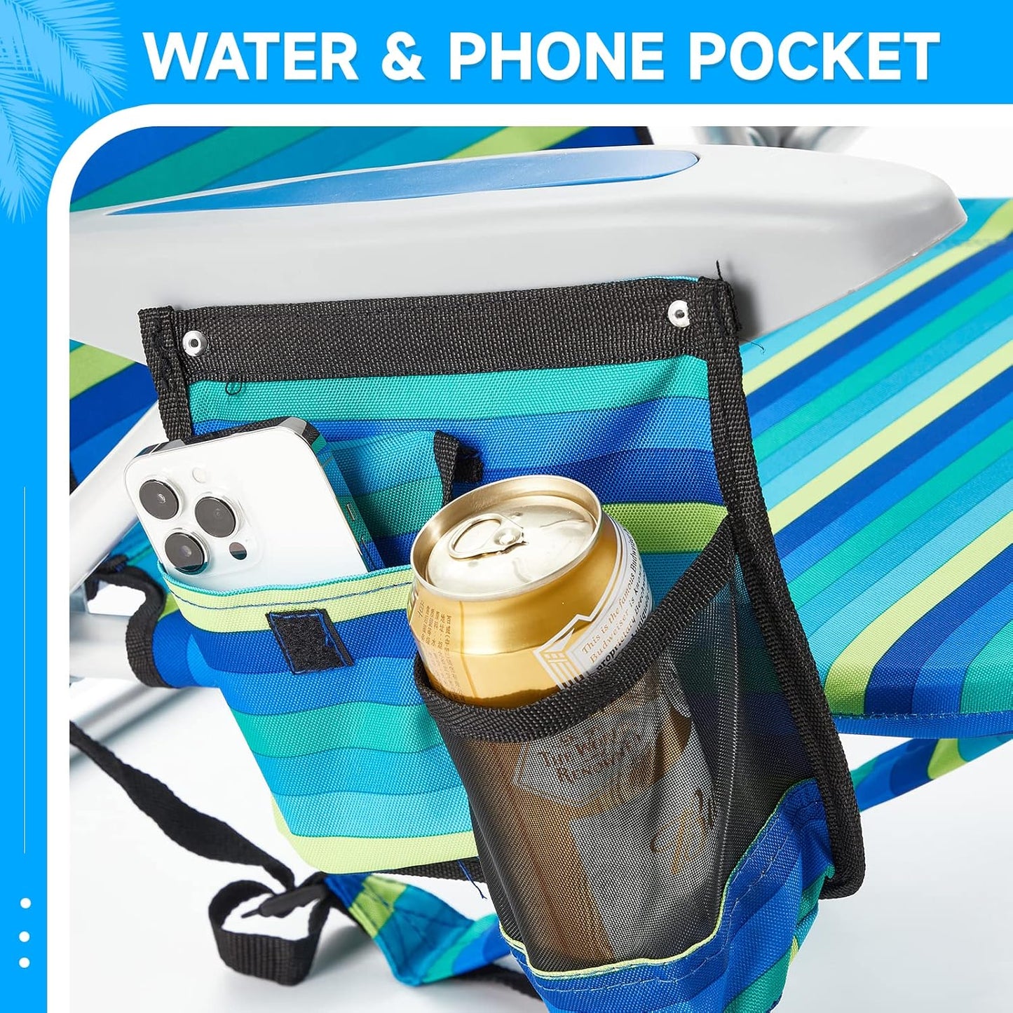 2 Pack Lightweight Portable Camping Beach Chair for Adults, Outdoor Lay Flat Folding Beach Chairs with 5 Positions, Backpack Beach Chair with Towel Bar, Zipper Pouch, Cup Holder, Ocean Striped