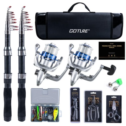 Goture Fishing Rod and Reel Combos-2PCS 1.9M Telescopic Fishing Pole+2PCS Pre-Loaded Spinning Reels with Carrier Bag, Telescopic Rod Reel Lures Kit for Starter Travel Saltwater Freshwater