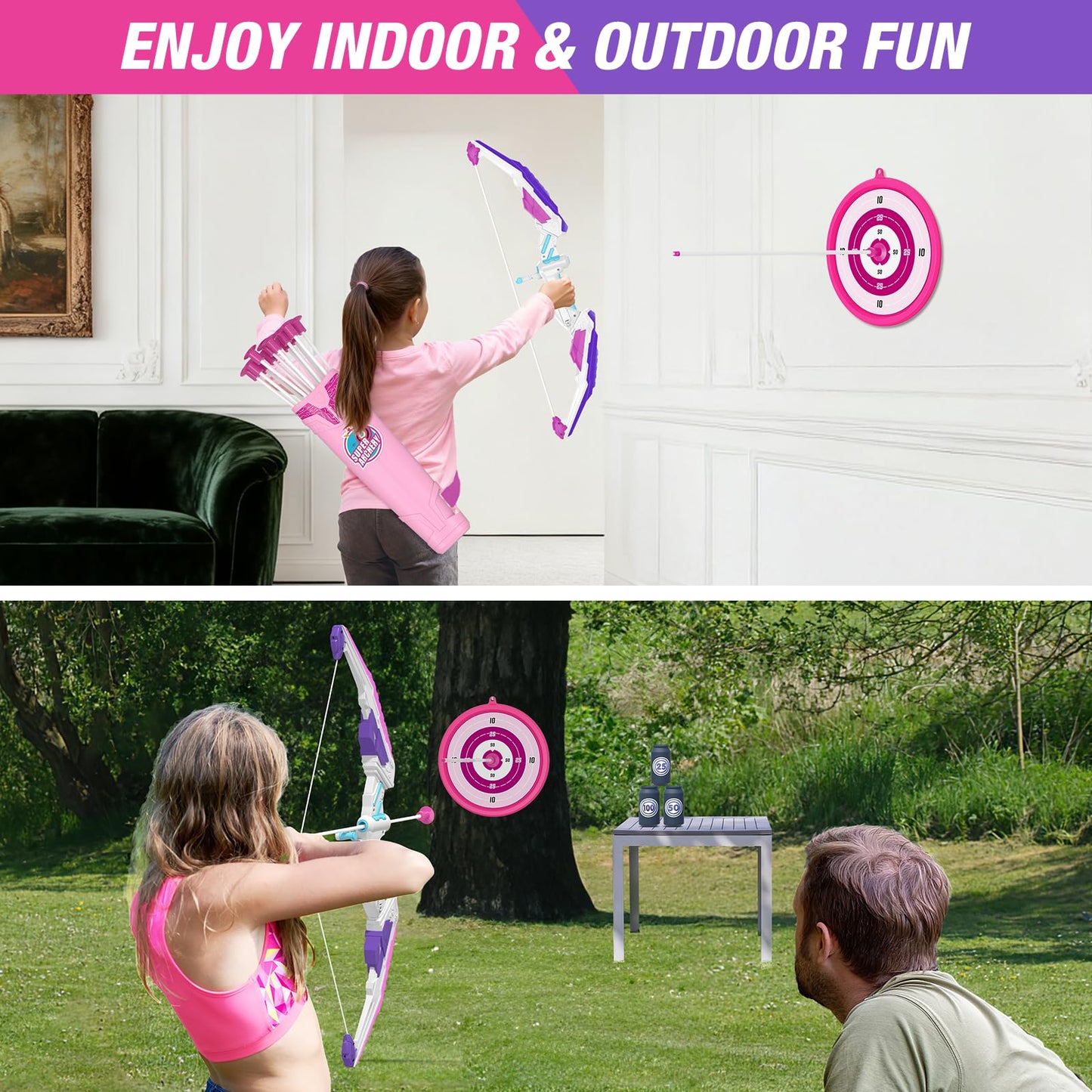 HYES 2 Pack Bow and Arrow for Kids, LED Light Up Archery Set with 24 Suction Cup Arrows, 2 Hanging Targets, 6 Score Targets & 2 Quiver, Indoor Outdoor Sport Toys for Girls Ages 4-12
