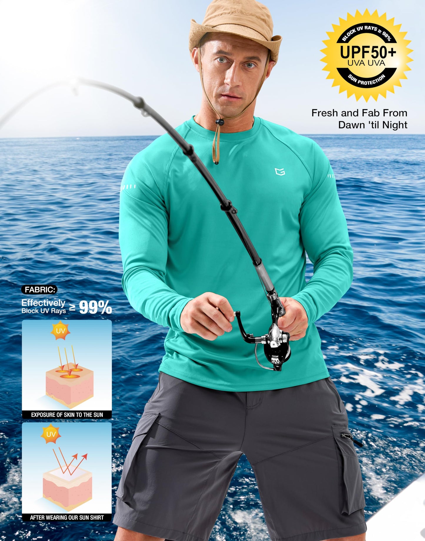 Men's Sun Protection Long Sleeve Shirts UPF 50+ Rash Guard for Men SPF UV Fishing Hiking Running Workout Athletic Shirt Bright Green