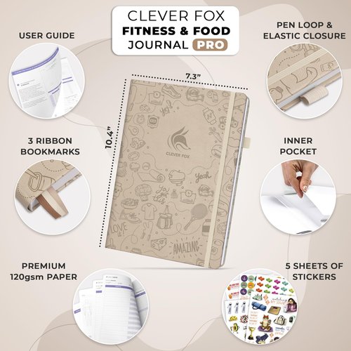 Clever Fox Fitness & Food Journal PRO – Daily Workout & Meal Planner for Women & Men – Exercise & Weight Loss Diary Notebook, 7.3x10.4” (Seashell)