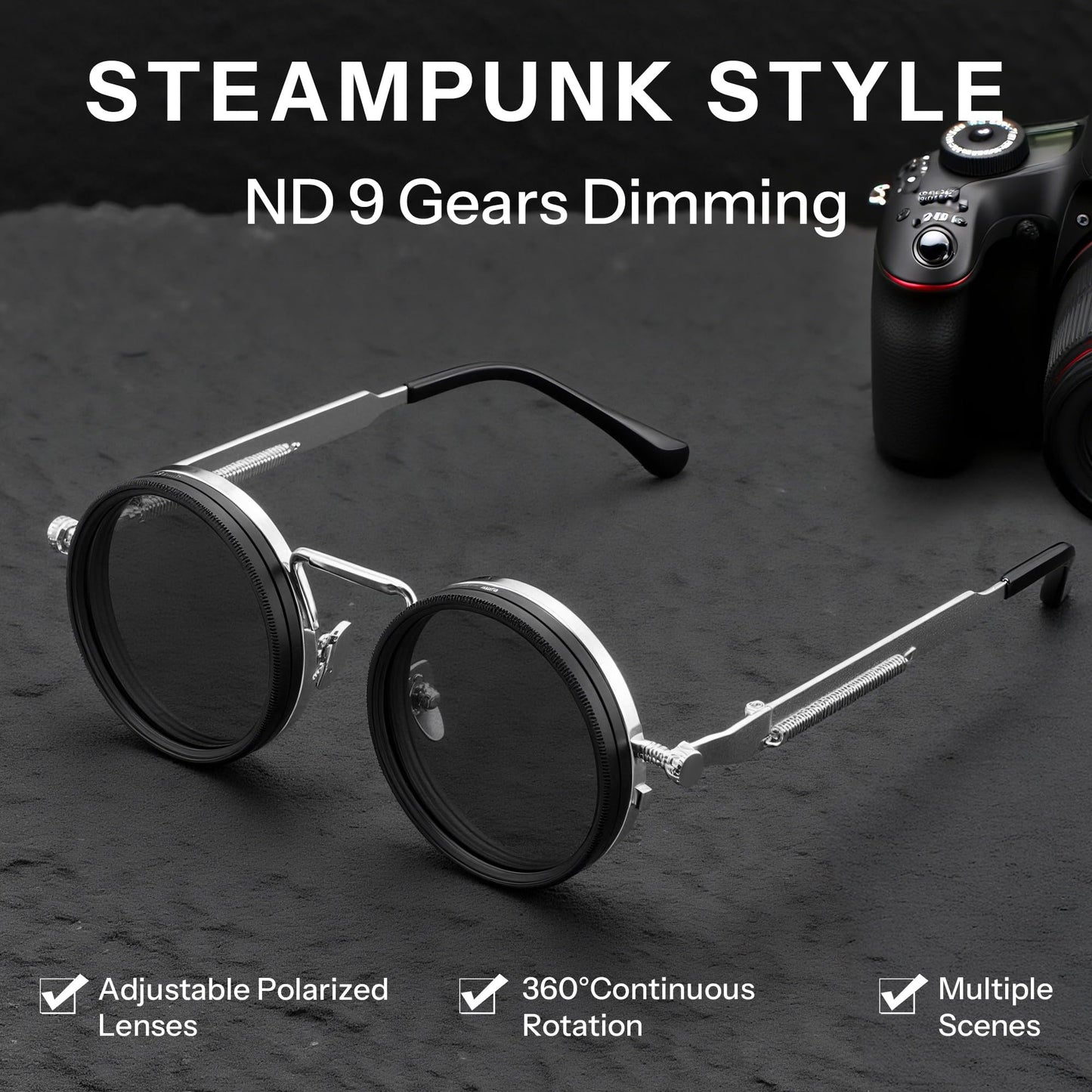 FEISEDY Adjustable Tint Sunglasses Polarized Men, 1-9 Gear Manual Dimming, Steampunk Round Metal Frame UV400 ND Filter B1400