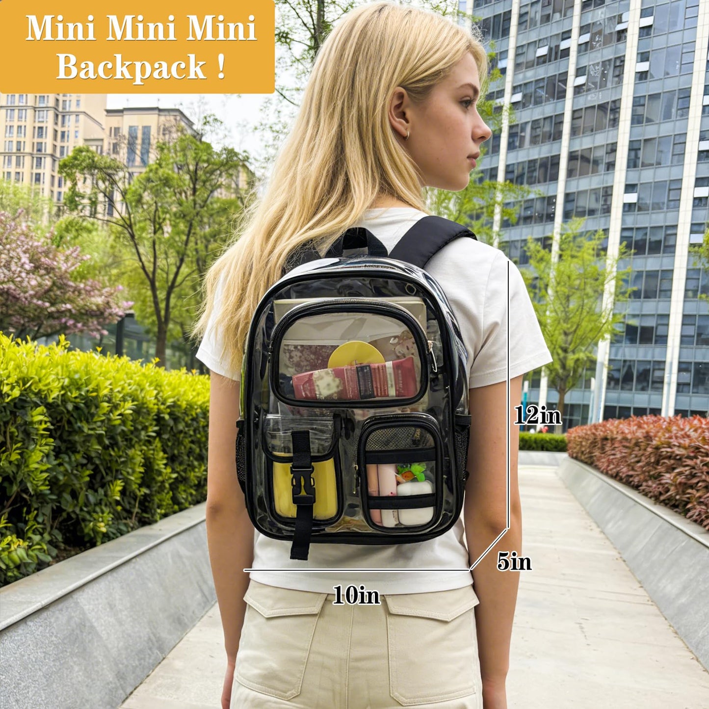 Unineovo Mini Clear Backpack for Stadium Approved 12x6x12, Small Transparent Backpacks Plastic See Through Clear Bag for Kids Girls Women for Sporting Event, Concerts, Work, Festival (Black)