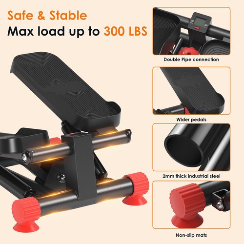 SogesPower Steppers for Exercise at Home,Mini Stair Stepper with Resistance Bands,Full Body Workout Equipment with LCD Monitor,Portable Stepper with 330LBS Loading Capacity,Black&Red