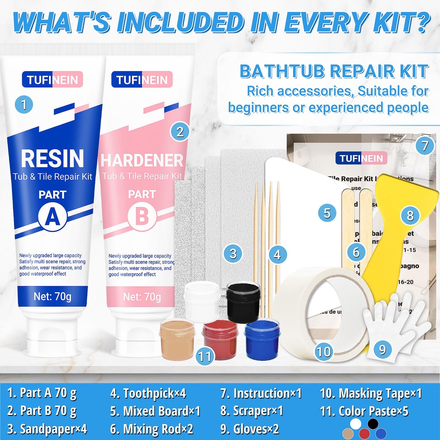 Bathtub Repair Kit 4.94oz (Color Match), TUFINEIN Porcelain Repair Kit for Fiberglass, Enamel, Ceramic, Acrylic Repair and Fix Chips, Cracks, Scratches, Holes on Tub/Tile/Sink/Shower Tray/Shower