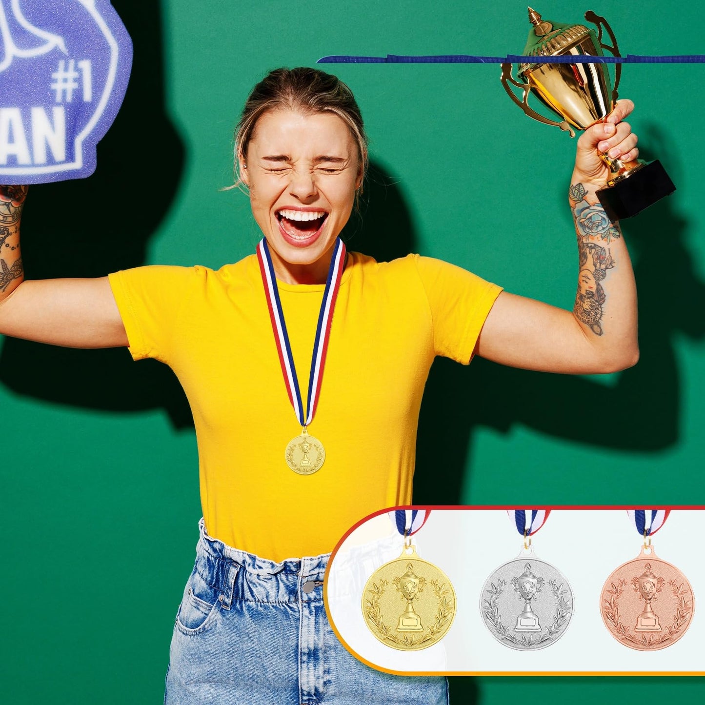 PATIKIL 2" Metal Award Medals, 3 Pcs Winner Medals with Neck Ribbon for Party Competitions Sports Adults Participation, Golden (Trophy Style)