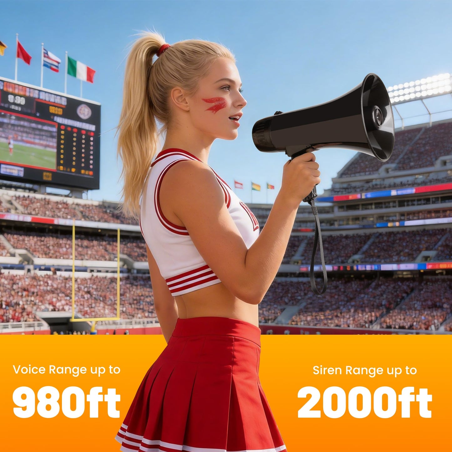 MyMealivos 35W Rechargeable Megaphone Speaker Built in 240s Recording & Siren-10.4"×6.3" Bullhorn Up to 980ft Voice Range with Wrist Strap and Detachable MIC(Black)