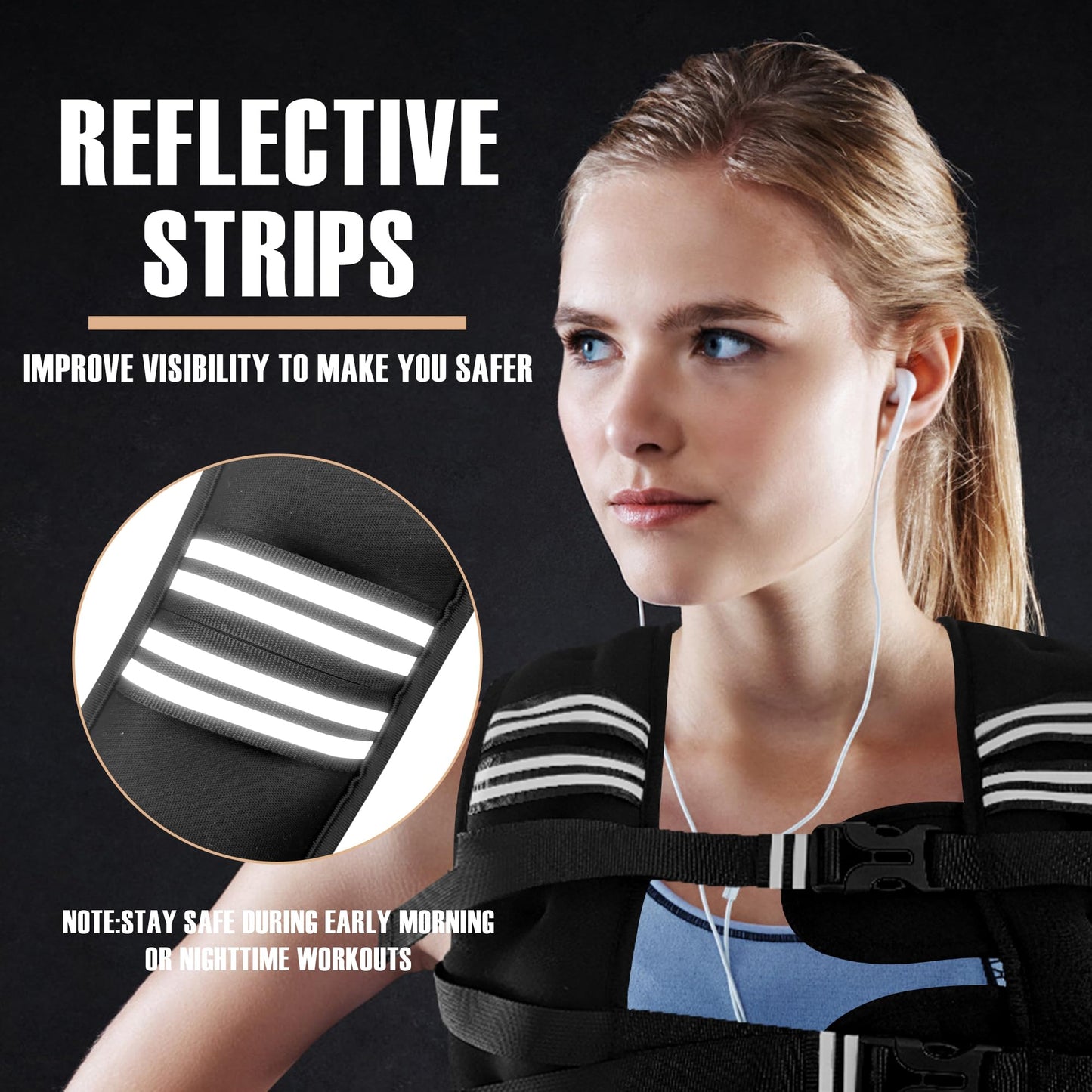 NATURELUX Weighted Vest with Reflective Stripe and Adjustable Buckle Straps, Black, 25 lbs