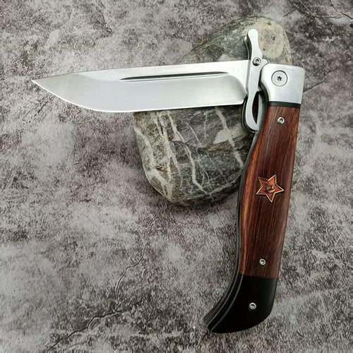 Tongedge Folding knives Tactical Knife, 440C Steel 4'' Blade, Wood Handle, 10.8'' Extended Length, With Leather Sheath