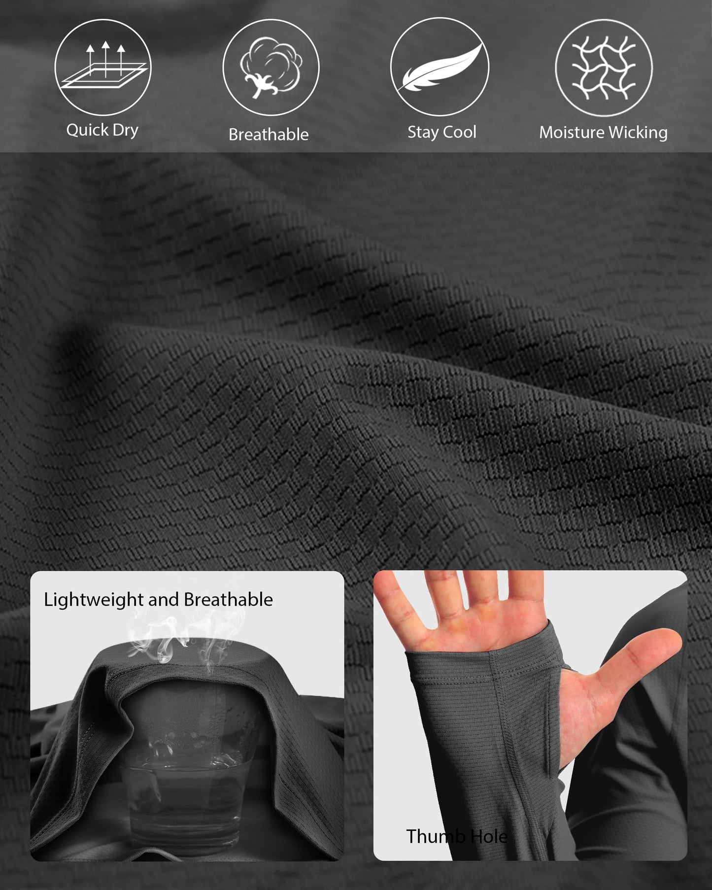 Roadbox Mens Sun Protection Shirts, UPF 50+ Long Sleeve Fishing Shirt with Hood, Lightweight UV SPF Hiking Running Workout Athletic Rash Guard Quick Dry Dark Gray