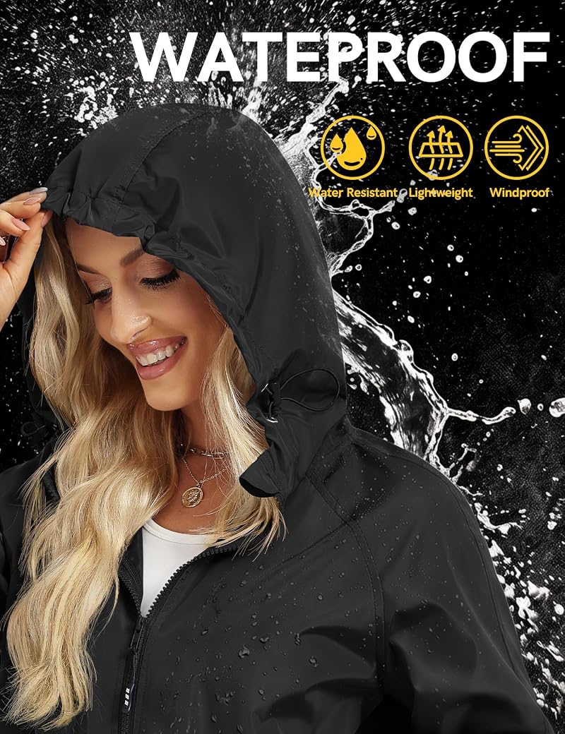 Avoogue Lightweight Packable Hooded Rain Jacket for Women - Black, Small