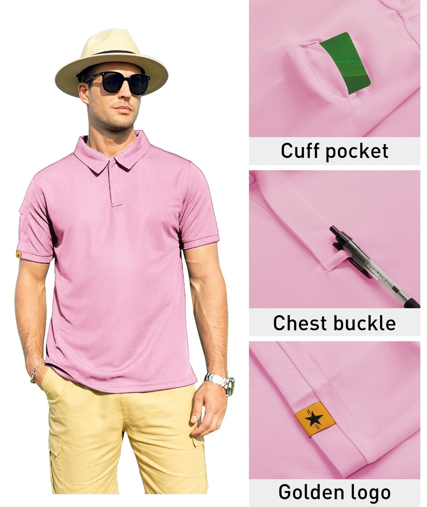 ZITY Mens Polo Shirt Short Sleeve Sports Tactical T-Shirt Athletic Golf Polos Daily Casual Stylish Collared Shirts for Men Pin X-Large Pink