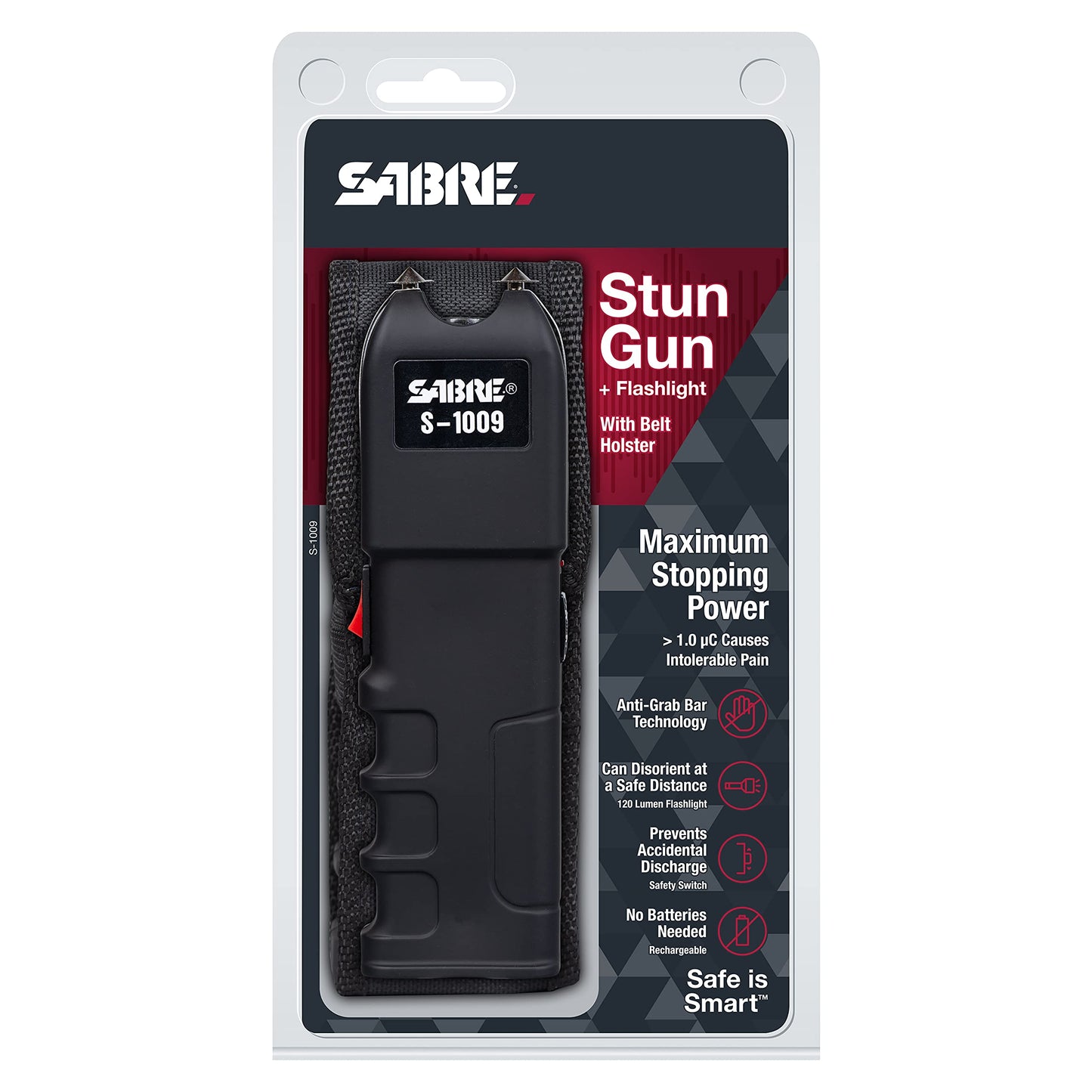 SABRE 2-in-1 Stun Gun with Flashlight and Anti-Grab Bar Technology, Painful 1.250 µC Charge, 120 Lumens, Rechargeable Battery, Safety Switch, Includes Wrist Strap and Belt Holster