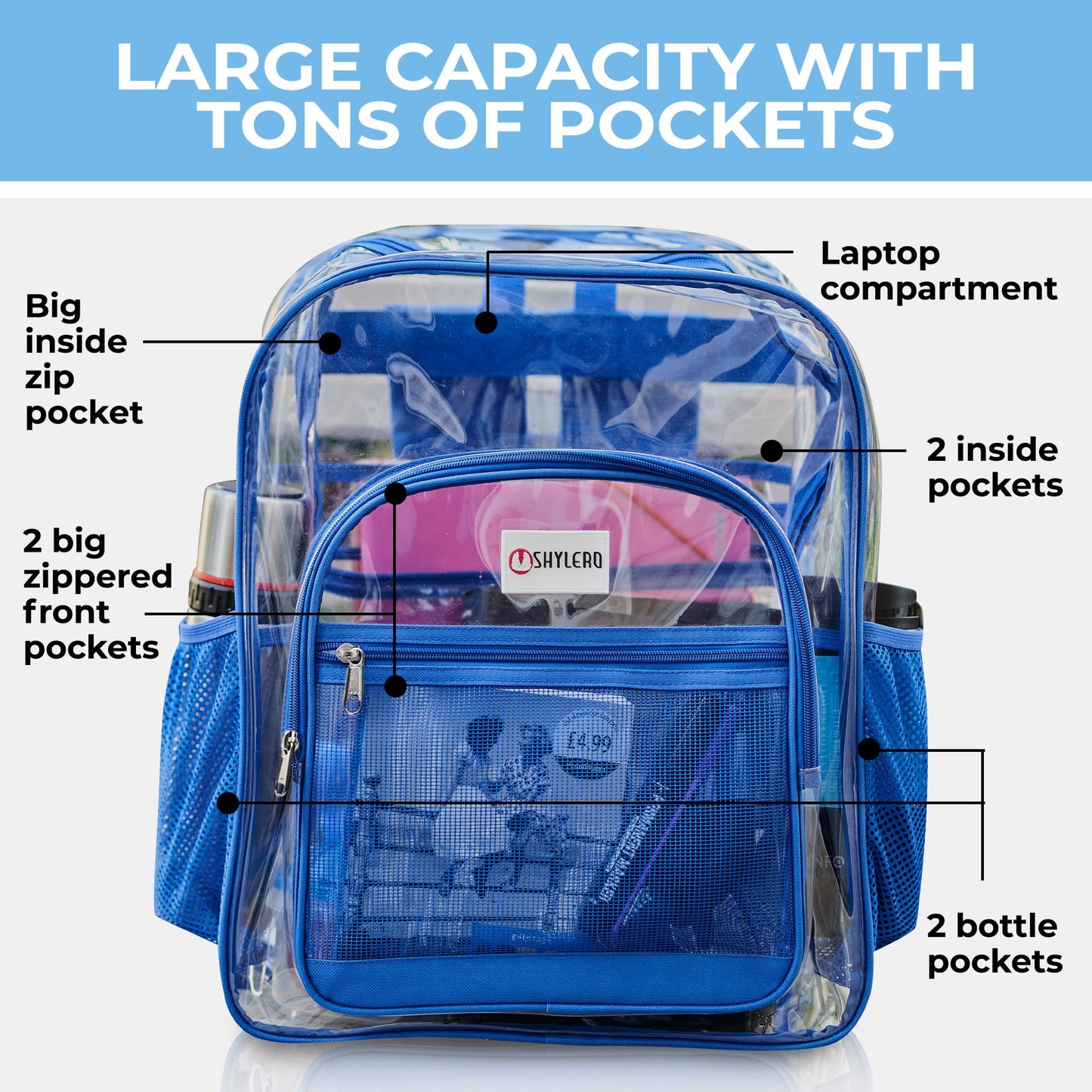 SHYLERO Clear Backpack Heavy Duty has TSA Lock, 2-WAY Zipper. PVC Transparent Backpack Is Extra Large - H18''xW14''xD8 - Blue