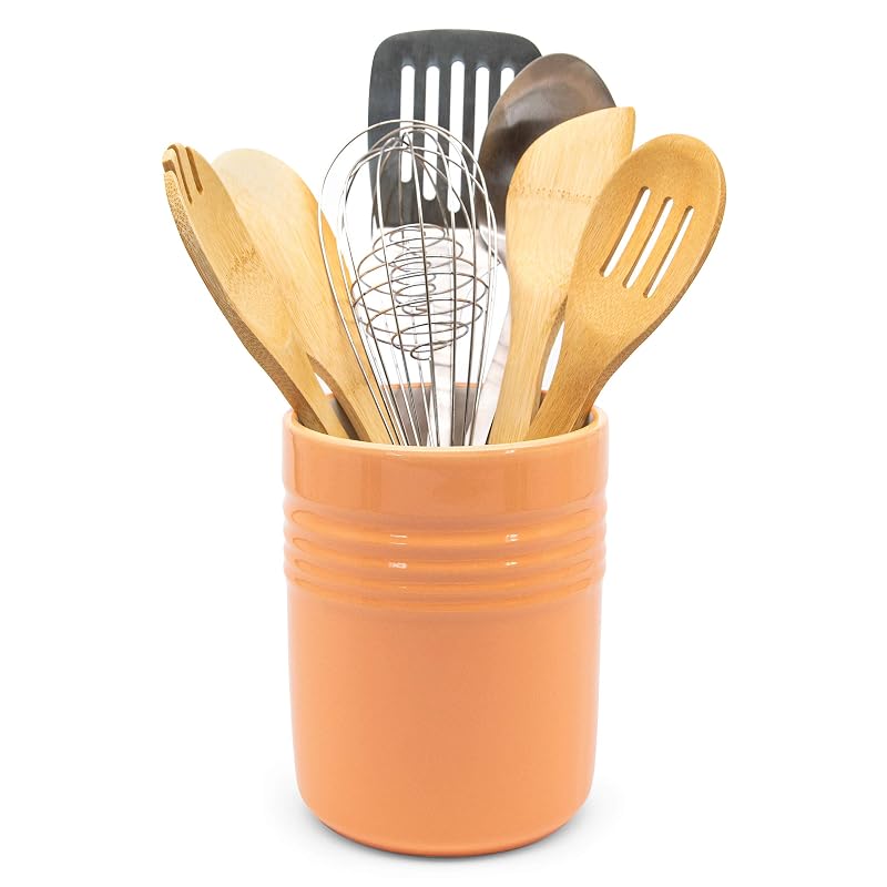 KooK Ceramic Utensil Holder - 5.3” Countertop Crock, Coral (Variation: Coral), Dishwasher Safe