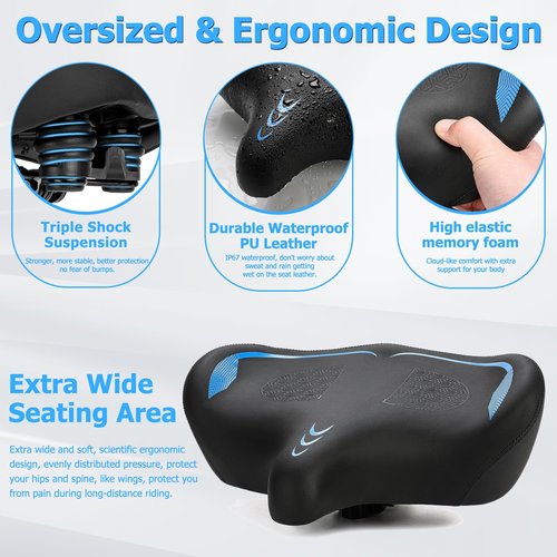 CDYWD Oversized Bike Seat for Men & Women Comfort, Extra Wide Bicycle Seat Cushion, Comfortable Wing Padded, Large Replacement Bike Saddle for Peloton Bike, Stationary Exercise Bike, City Bike, Ebike