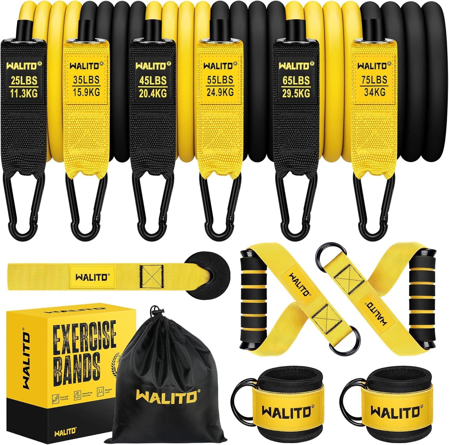 WALITO Resistance Bands Set - Exercise Bands with Handles, Door Anchor, Legs Ankle Straps, for Heavy Resistance Training, Physical Therapy, Muscle Training, Yoga, Home Workouts, Gym (Yellow 300Lbs)