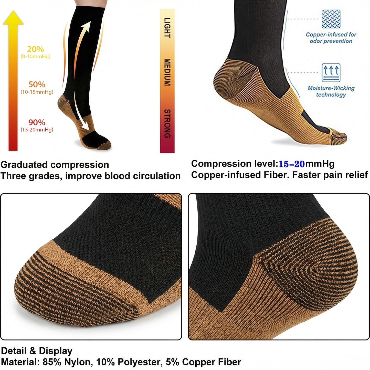 Sooverki Graduated Copper Compression Socks for Men & Women Circulation 8 Pairs 15-20mmHg - Best for Running Athletic Cycling
